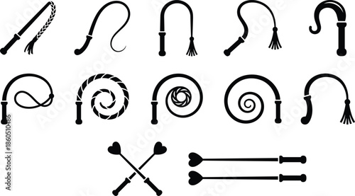 Whip and impact toy silhouettes, vector illustration for symbolic accessories, costume design, stylized gear, training tools, and themed graphic content