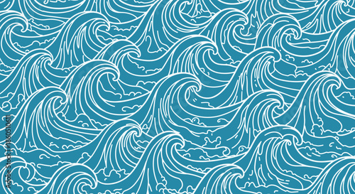 A powerful seamless pattern of stylized ocean waves with white foam crests in a classic Japanese tattoo art style vector.
