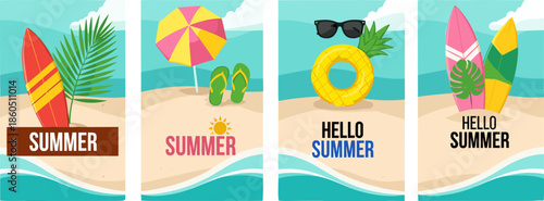 Hello summer beach vacation banner set, tropical holiday background with surfboard, beach umbrella, flip flops, pineapple float and sunglasses on sandy shore, isolated,