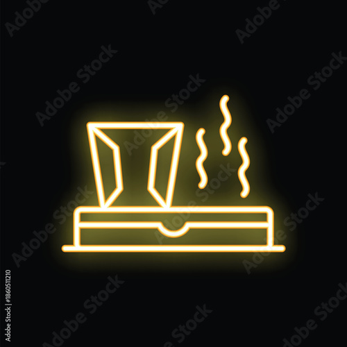 Yellow neon sign showing a takeaway meal steaming on a tray