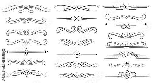 A large and ornate set of vintage calligraphic text dividers and page ornaments in a classic black decorative line style.