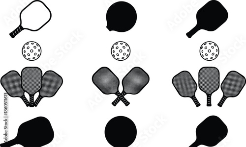 Pickleball paddle and ball silhouettes, vector illustration for sports equipment, game layout, recreational design, athletic gear, and court activity content