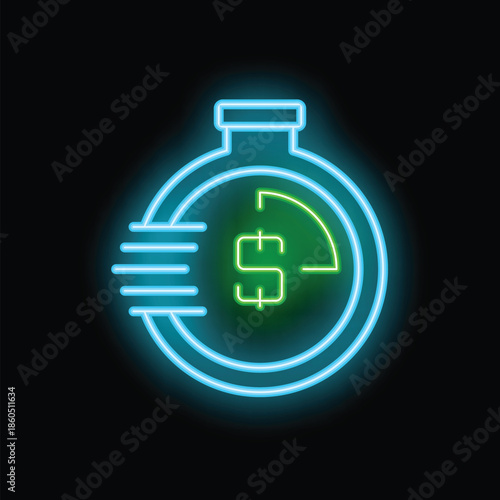 Neon glowing icon of stopwatch showing time limit for making money, suitable for time management concept
