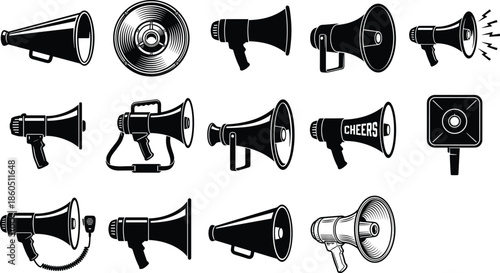 Megaphone and loudspeaker silhouette collection, vector illustration for sound amplification, public speaking, cheerleading, protest gear, audio equipment, and communication design