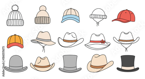 A diverse collection of various hats and caps in outline and colored styles including beanies cowboy hats and top hats on a white background.