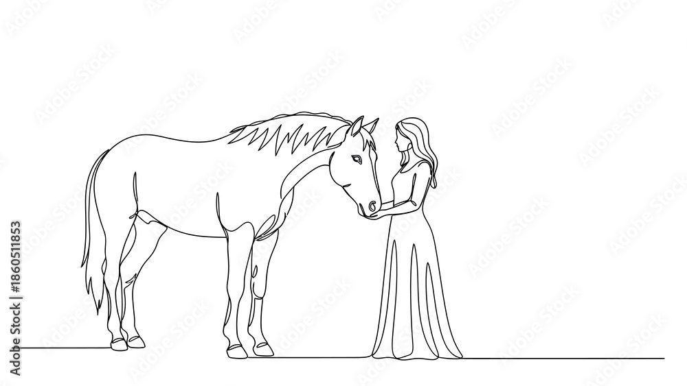 Fototapeta premium Woman in long dress standing beside horse with flowing mane and tail