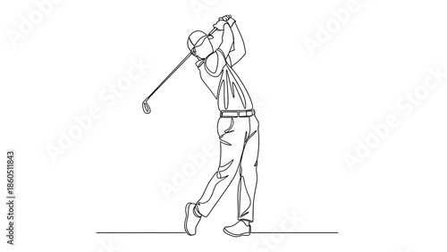 Man in cap and trousers swinging golf club with both hands