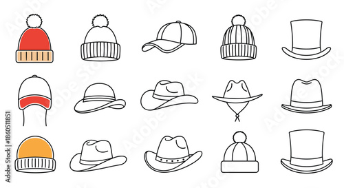A collection of various hat icons in a black and white line art style with some color accents on a clean white background.