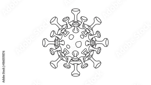 Black and white line drawing of a virus with protruding structures