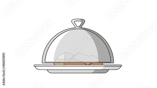 A silver cloche with a handle on a white plate