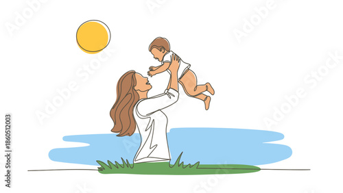 Mother playfully tossing her baby in the air on a sunny day outdoors