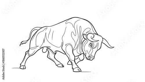 Black and white line drawing of a bull with aggressive posture and sharp horns