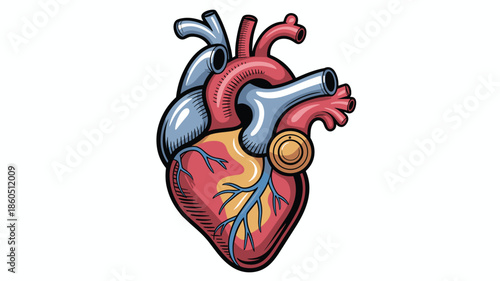 Anatomical human heart illustration with veins and arteries on white background