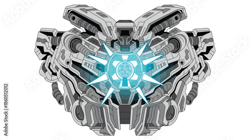 Advanced energy core with glowing blue light futuristic technology on white background