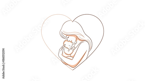 Mother holding baby in a heart-shaped outline, simple line art illustration.
