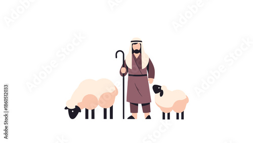 Shepherd with sheep in a simple illustration style