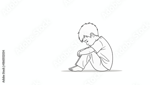 A young child sitting on the floor with their head bowed in sorrow