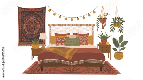 Bohemian bedroom interior with plants and macrame wall hanging and tapestry