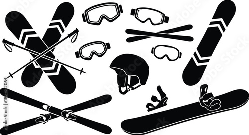 Winter sports equipment silhouettes, vector illustration of skiing and snowboarding gear, ideal for alpine adventure, snow activities, outdoor sport, and cold weather design