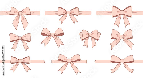 A collection of elegant pink bows and ribbons in a hand-drawn sketch style perfect for gift wrapping decoration and design elements.