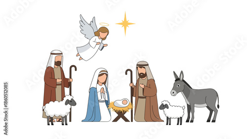 Nativity scene with Mary, Joseph, shepherds, angel, donkey, and sheep around manger