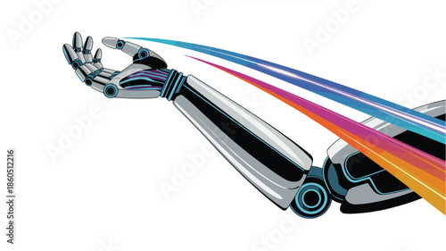 Robotic arm extended with colorful light trails on a clean white background