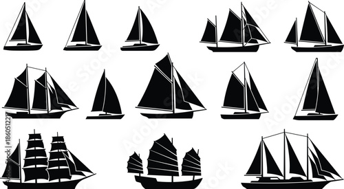 Sailboat and sailing ship silhouettes, vector maritime illustration for nautical design, ocean travel, sea adventure, marine history, and boat collection content