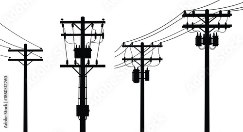Utility pole silhouettes with electrical components, vector illustration for infrastructure, power distribution, energy systems, urban design, and industrial engineering content