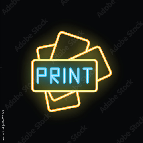 Neon print sign with paper sheets glowing in the dark background