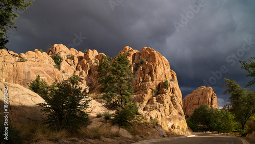Sunlit Granite Boulders and Trees Under Stormy Sky