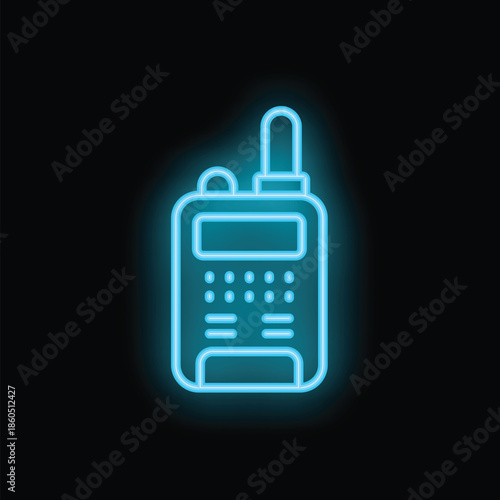 Blue neon icon of a walkie talkie radio communication device glowing on a black background
