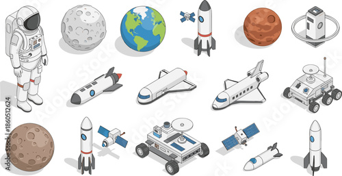 Space exploration illustration set, astronaut planets spacecraft satellites rovers, cosmic research icons, solar system sketch, science concept