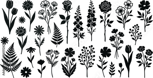 Set of black floral silhouettes including tulip, rose, daisy, and fern vector illustrations, isolated on white background for nature design, botanical art elements.
