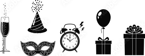 New Year's Eve Party Elements Set with Champagne Glass Party Hat Masquerade Mask Alarm Clock Midnight Countdown and Gift Boxes