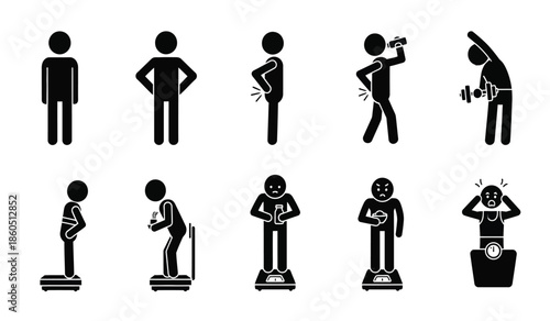 Stick figures depicting various human poses and actions in simple black silhouettes
