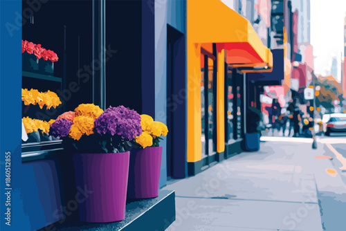 A vibrant flower shop displays colorful blooms in purple pots, with a bright yellow awning, capturing a charming street scene in a bustling urban environment on a sunny day.