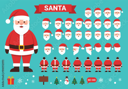 Santa Claus character animation kit with various head expressions body poses christmas trees and winter holiday design elements.Santa Claus character animation kit with various head expressions body 