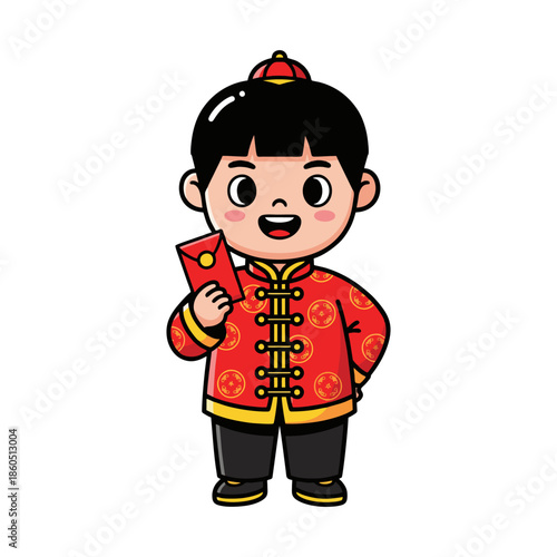 Ilustration Cute Cartoon Chinese Boy Holding Red Envelope for Lunar New Year