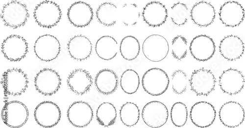 Large collection of hand drawn floral wreaths and decorative circular laurel frames for elegant rustic wedding invitationsLarge collection of hand drawn 