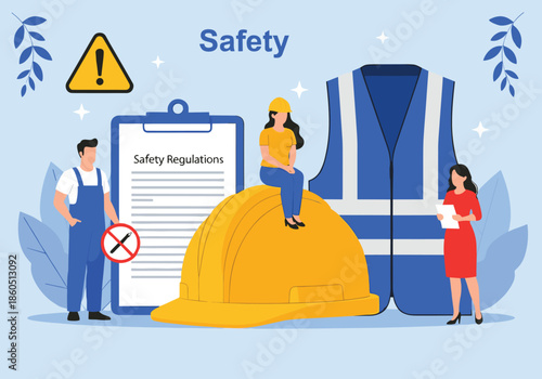 Industrial safety concept with workers and equipment including hard hat safety vest regulations clipboard and warning signs.Industrial safety concept with 