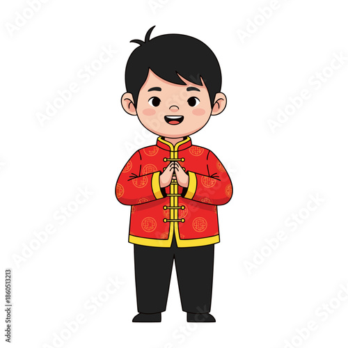 Ilustration Cute Cartoon Chinese Boy Holding Red Envelope for Lunar New Year