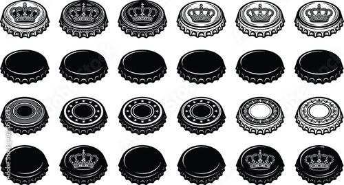 WebBottle, cap, silhouette, set, crown, cork, beer, soda, drink, collection, lid, beverage, metal, icon, symbol, vector, illustration, design, graphic, isolated,