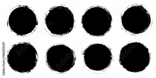 Black circles. Brush round shapes. Black graphic elements for product design, banners and buttons. Vector illustration. 