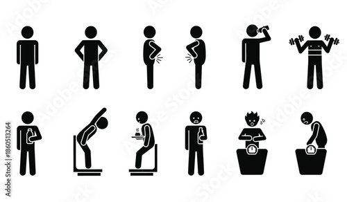 Stick figures depicting various human activities and postures in a simple design