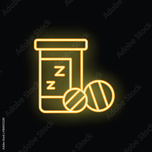 Neon icon of a bottle of sleeping pills and two tablets, glowing on a black background
