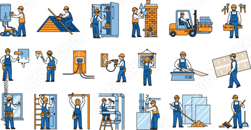 Collection of construction workers and home maintenance professionals performing repairs plumbing electrical work and renovation building services.