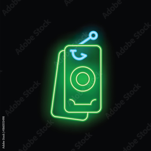 Neon sign depicting a phishing scam with a dollar bill on a fishing hook