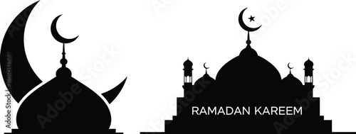 Ramadan Kareem Mosque Silhouette with Crescent Moon Vector