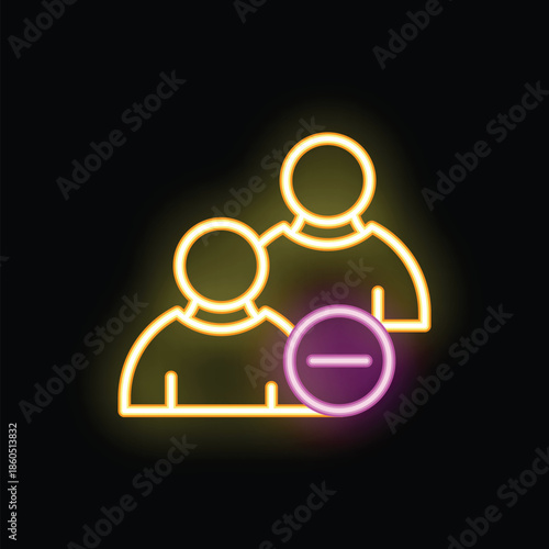 Glowing neon line icon of two people sharing a profile with a minus sign representing account deletion