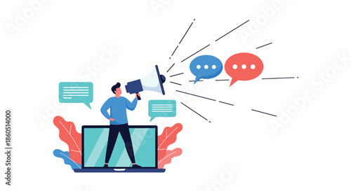 Man shouting into a megaphone from a laptop screen with speech bubbles, symbolizing online marketing and promotion.